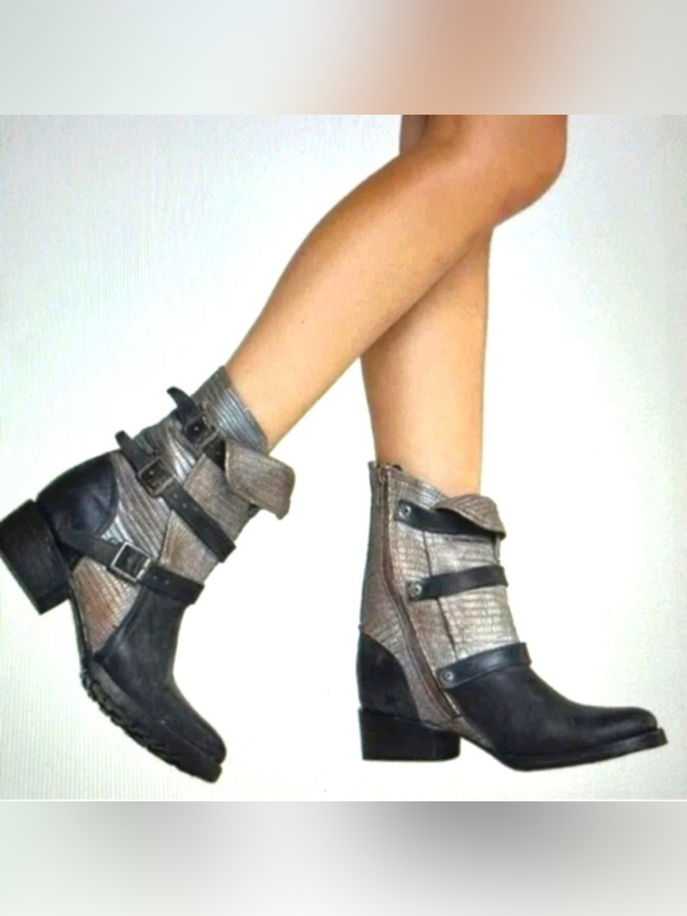 Womens Metallic Gray Mid-Calf Buckle Boots